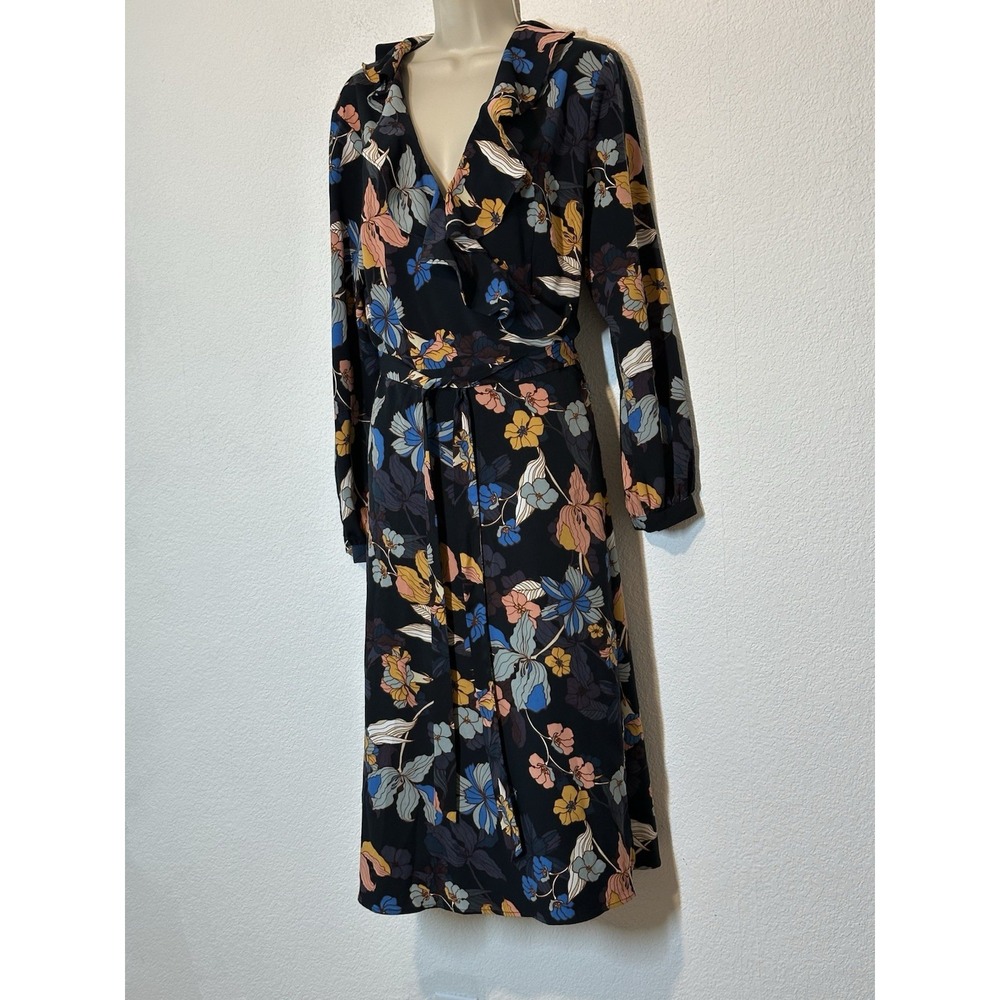 Navy Floral Midi Wrap Dress Size XL Ruffle Cottagecore Fairy Whimsigoth Coquette - Picture 2 of 8